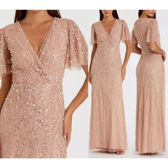 Mac Duggal Women's Beaded Leaves Butterfly Sleeve Gown Dress Nude Size 4 NWT - Picture 1 of 11